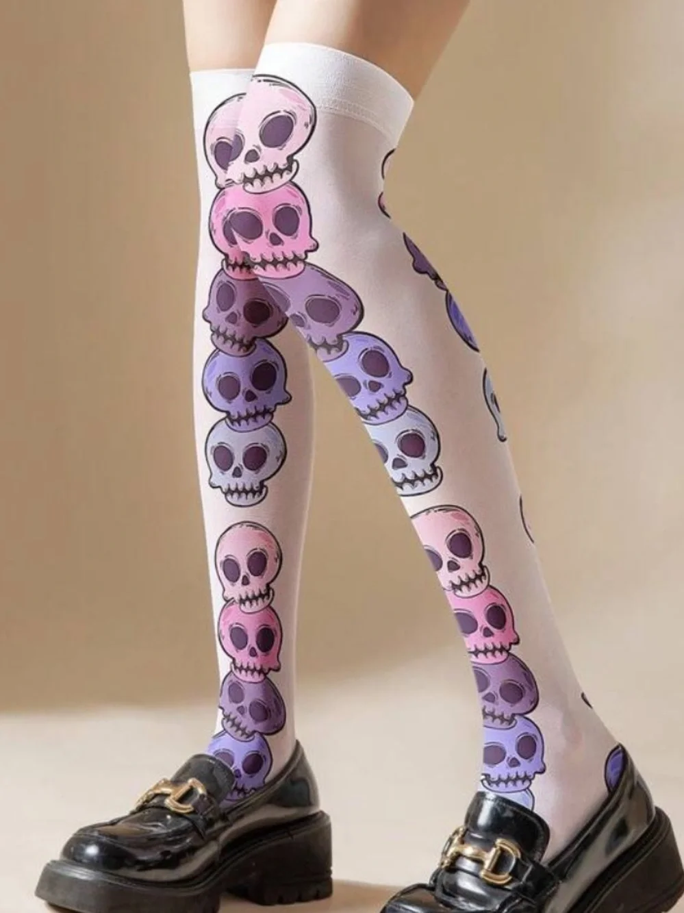 White Over-the-Knee Skull Print Thigh-High Socks - Pink & Purple